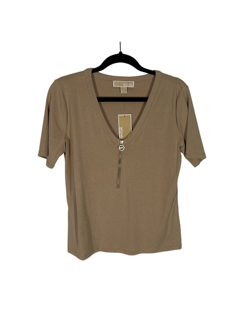 Michael Kors Women SZ M Khaki with Gold V-Neck Zippered Short Sleeve Top NWT